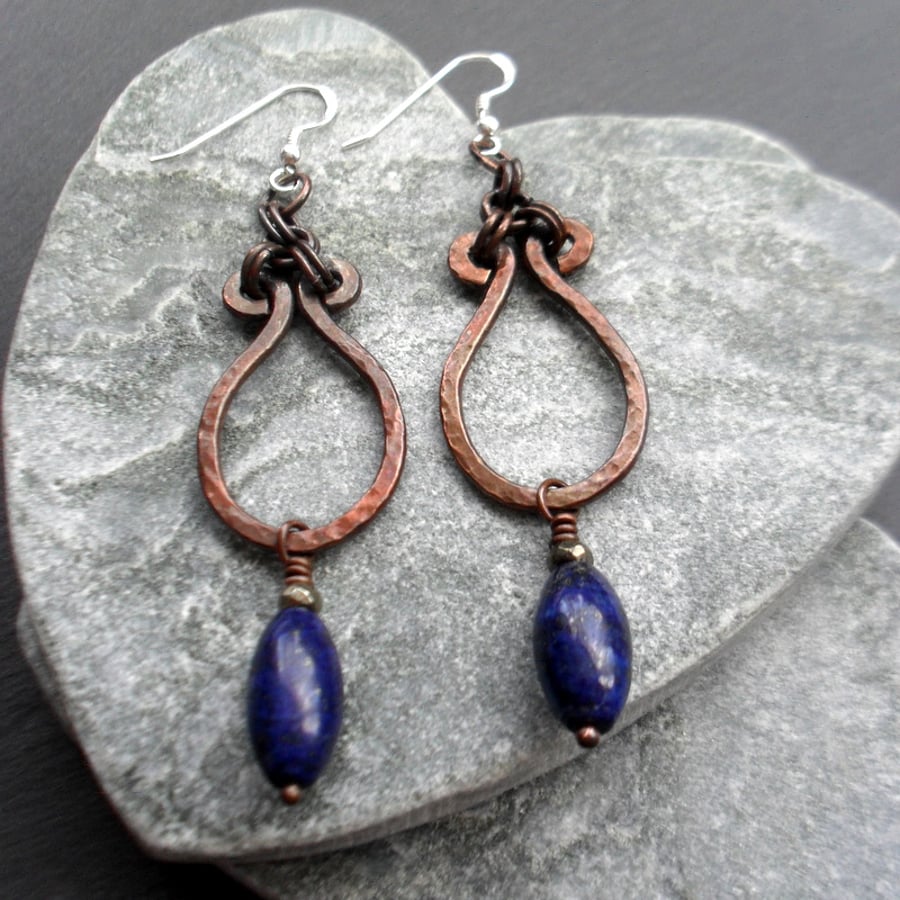 Oxidised Copper Lapis Lazuli Pyrite Dangle Earrings Sterling Silver Ear Wires