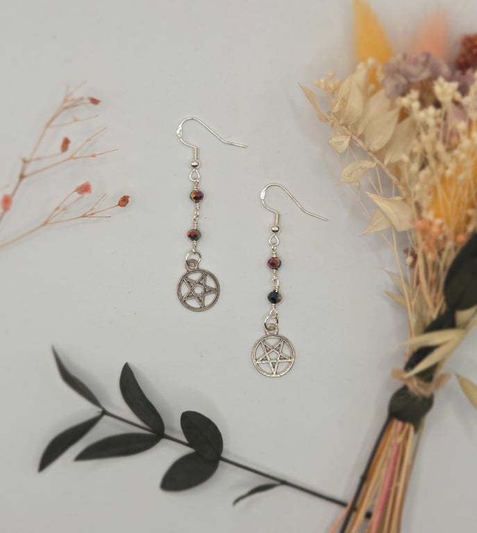 Sterling Silver Pentacle Charm Dangle Earrings with Faceted Black Rainbow Beads