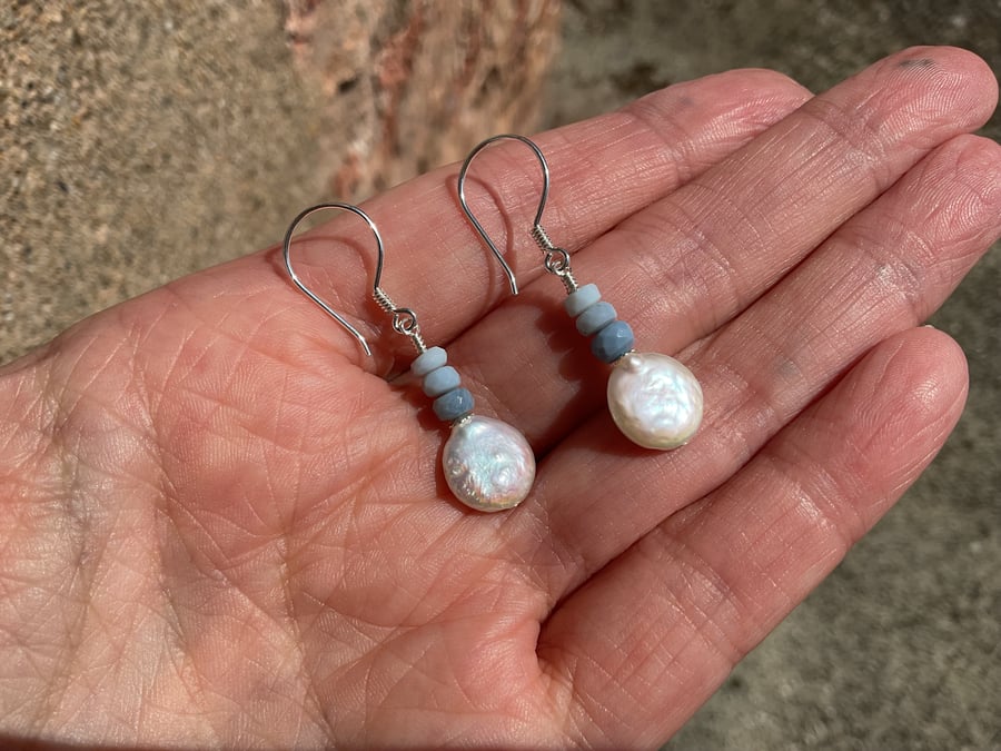 White freshwater pearl and Pigeon Opal Sterling silver gemstone earrings