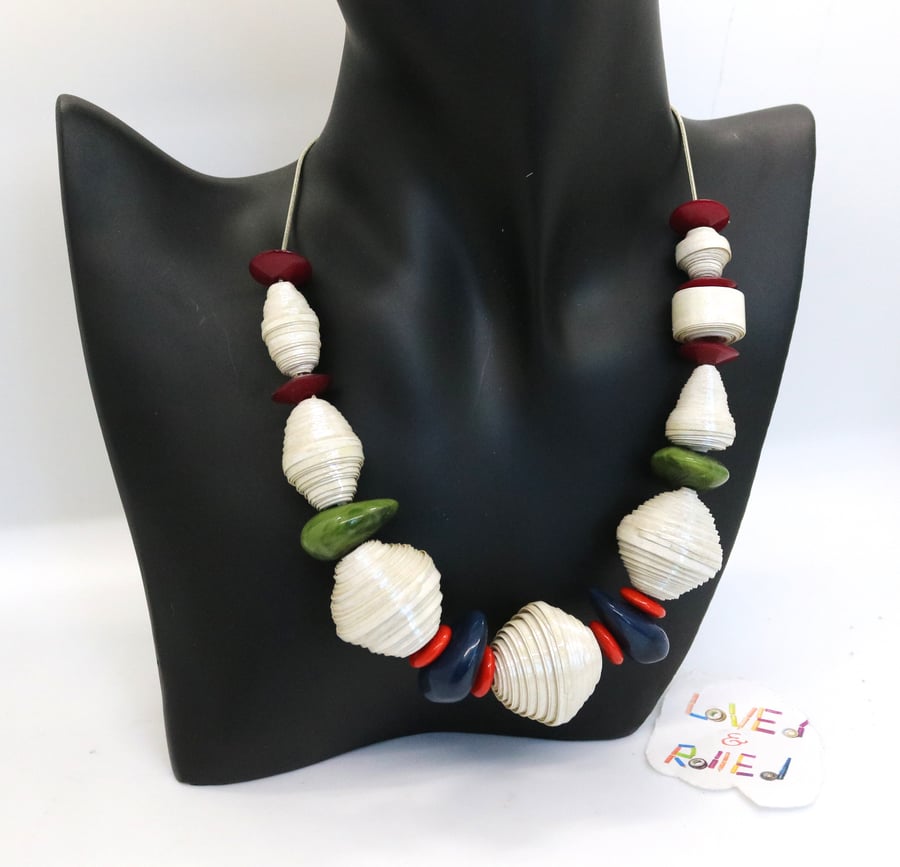 Chunky cream paper beaded necklace with gorgeous glass green red and blue beads