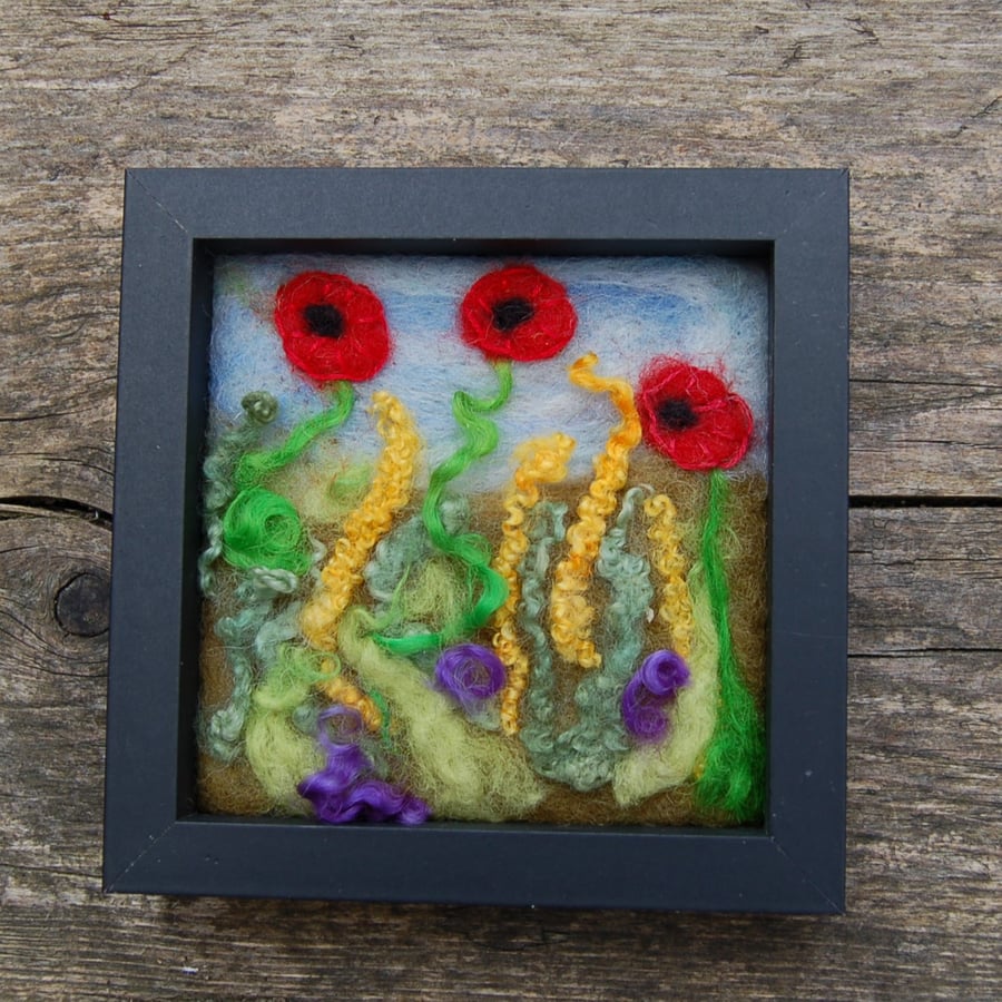 Needle felted and hand embroidered picture - Poppies