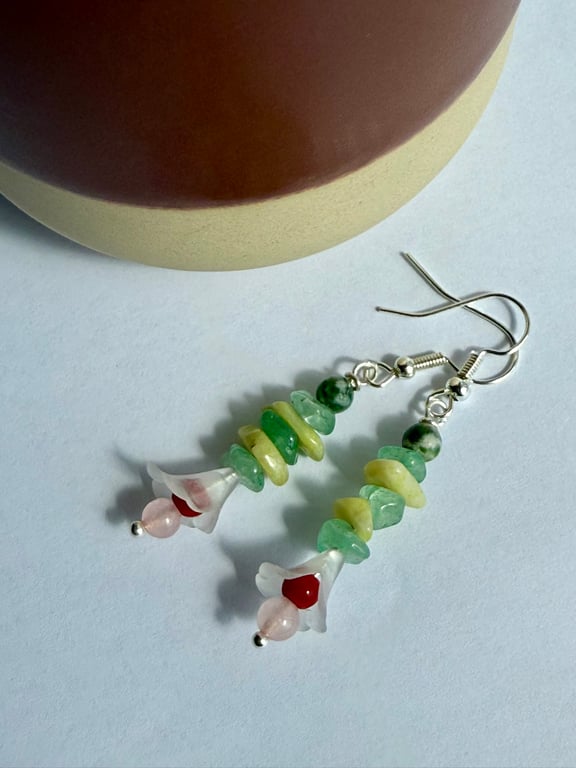 Green and Yellow Gemstone Flower Earrings. Drop Earrings