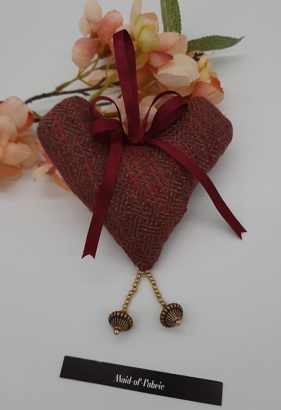 Heart hanger,  free uk delivery,  red wine, gold beads. 