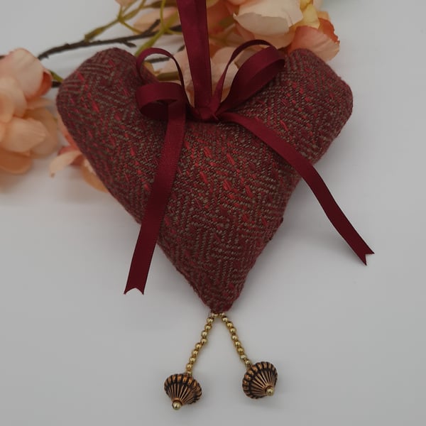 Heart hanger,  free uk delivery,  red wine, gold beads. 