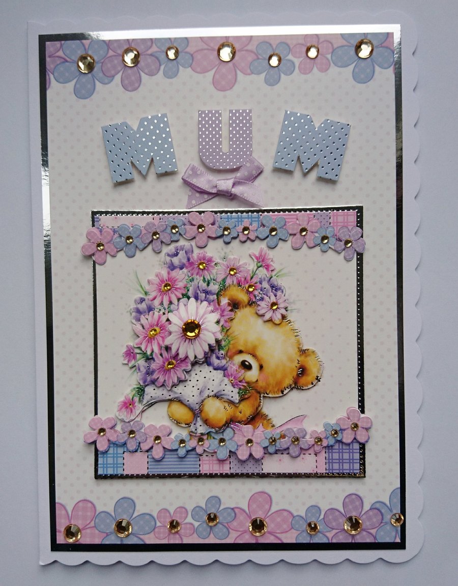 3D Luxury Handmade Card Mum Birthday Mother's Day Teddy Bouquet of Flowers