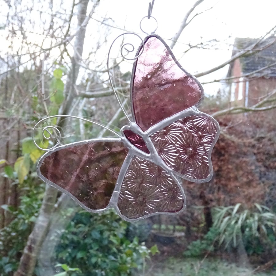 Stained Glass Butterfly Suncatcher - Handmade Decoration - Pink
