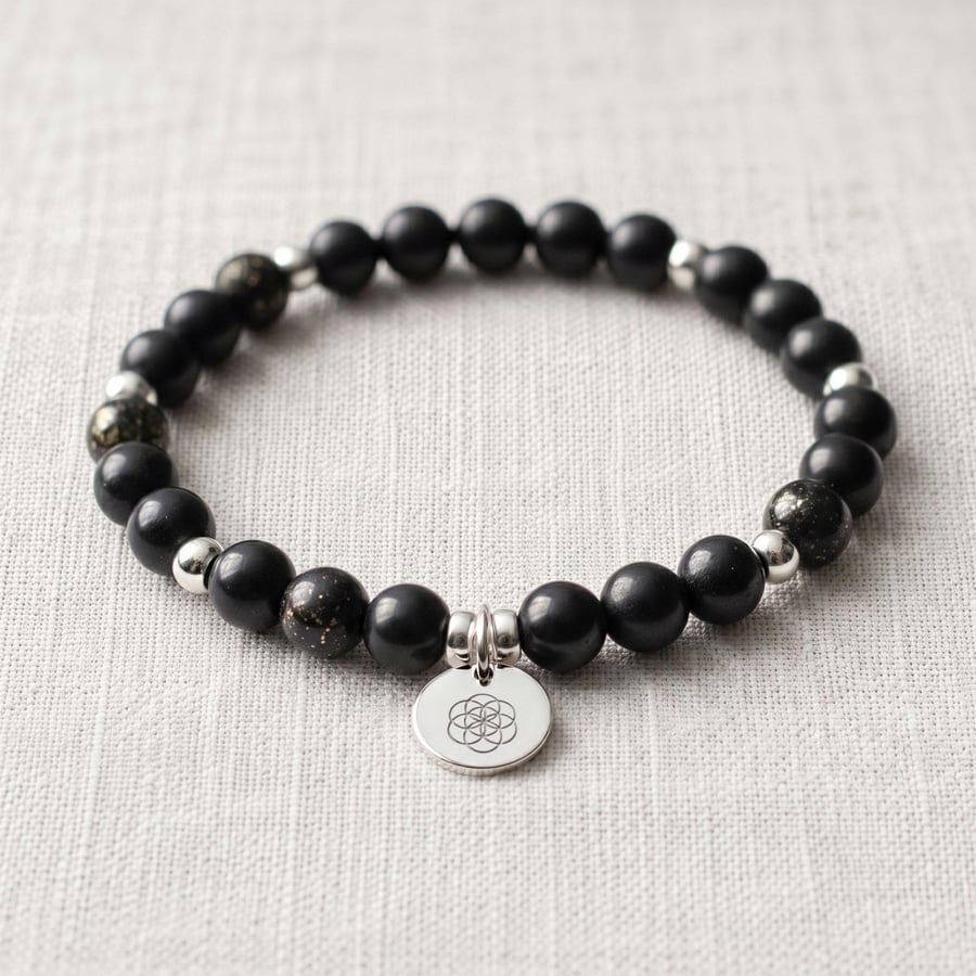 Shungite Bracelet Personalised with Initial, Natural Shungite Healing Crystal Br