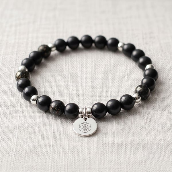 Shungite Bracelet Personalised with Initial, Natural Shungite Healing Crystal Br