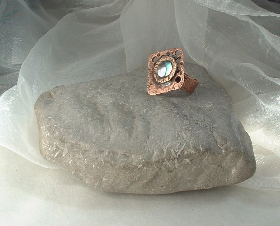"Lunar Landscape" Adjustable Unisex Rustic Copper Ring with Mother of Pearl