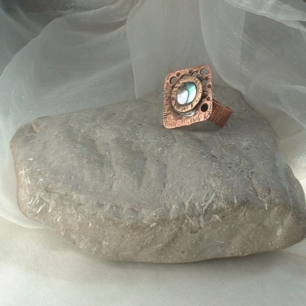 "Lunar Landscape" Adjustable Unisex Rustic Copper Ring with Mother of Pearl