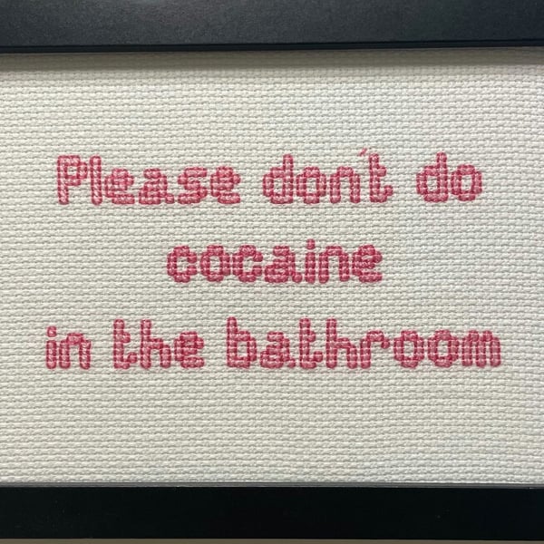 Funny Handmade Framed Cross-Stitch – Please Don't Do Cocaine in the Bathroom 