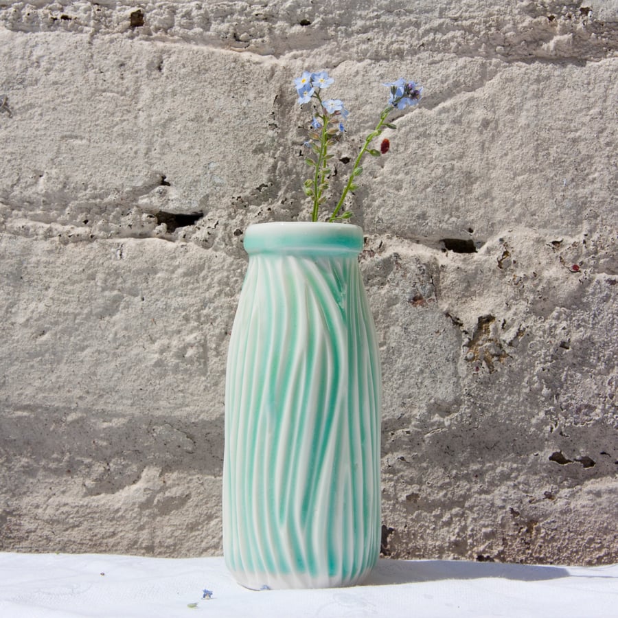 Green carved milk bottle vase MADE TO ORDER