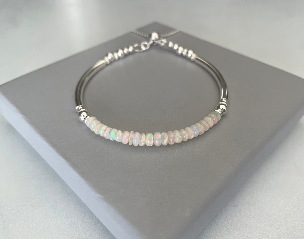 Ethiopian Opal Sterling Silver Noodle Bracelet with Slider Clasp