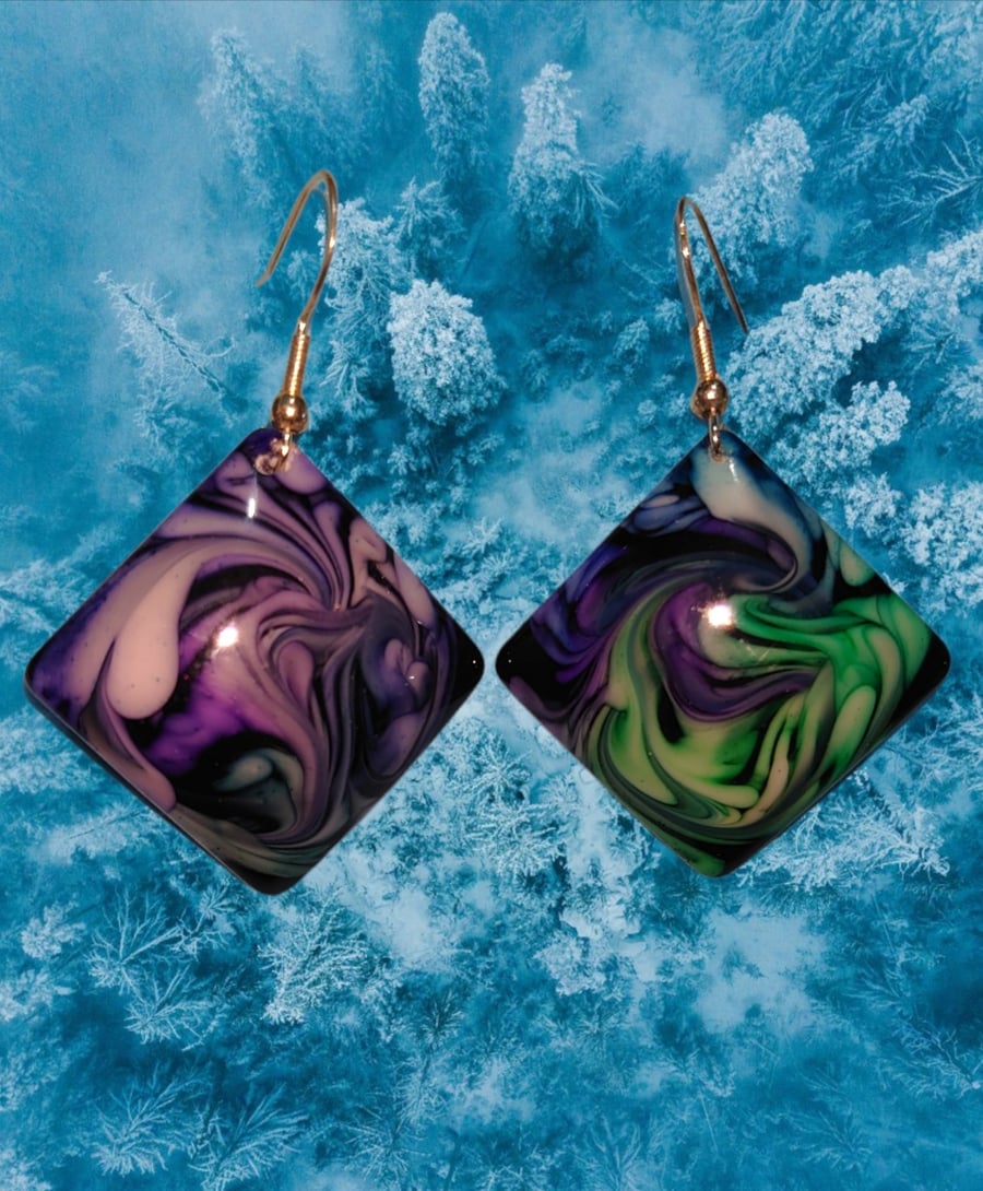 Purple and green square earrings