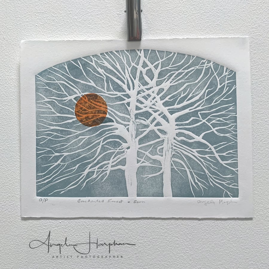 Lino Print - Enchanted Forest with Collaged Sun - Winter Season