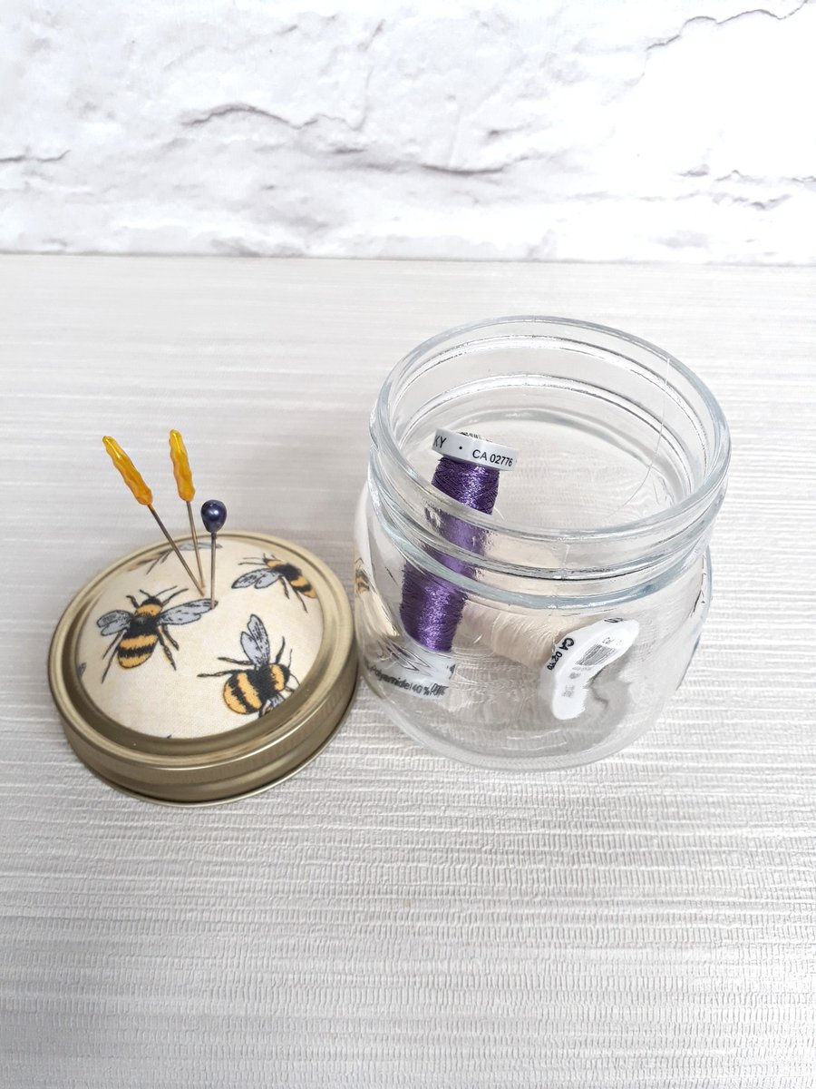 Jam Jar Pin cushion with screw lid for pins and needles  storage jar pin cushion