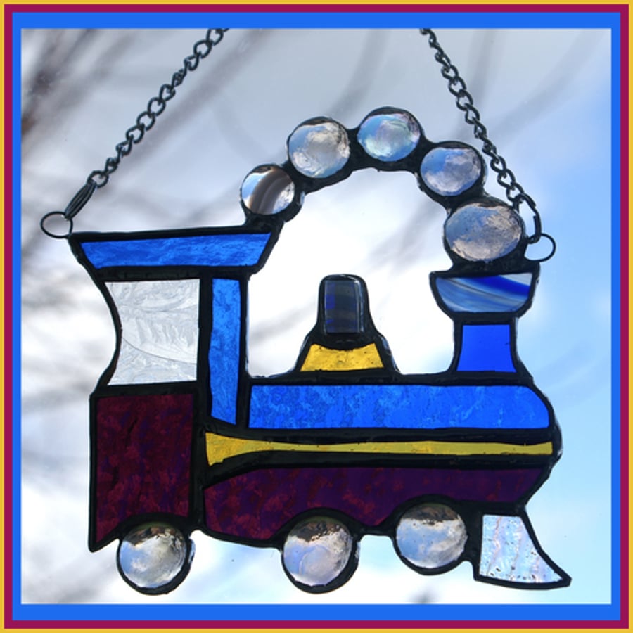 Steam Train Stained Glass Suncatcher (Blue Purple & Gold)