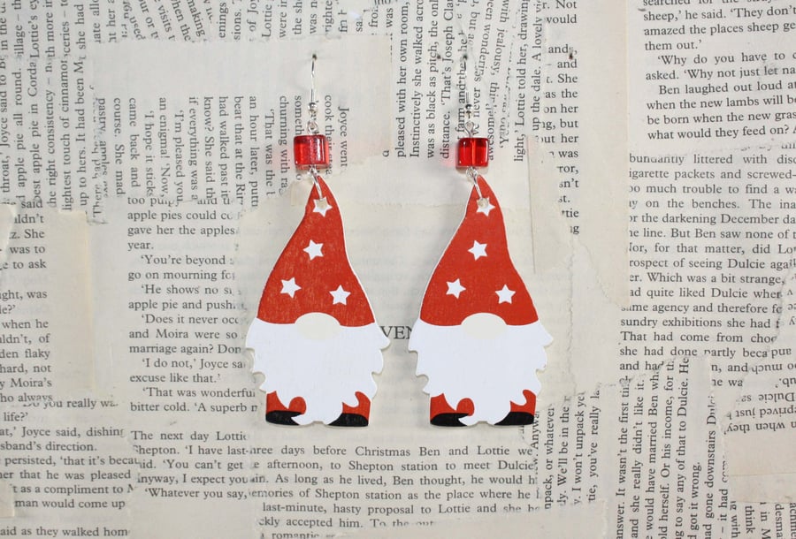 Christmas Gnome Gonk Wooden Large Statement Earrings Red