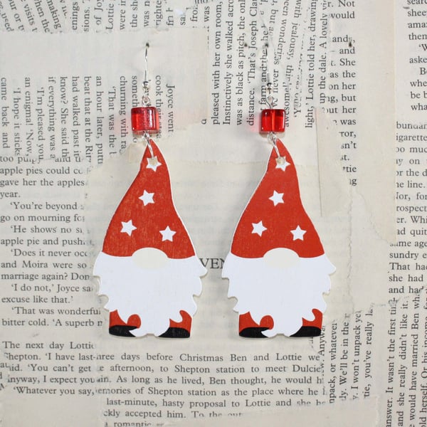 Christmas Gnome Gonk Wooden Large Statement Earrings Red