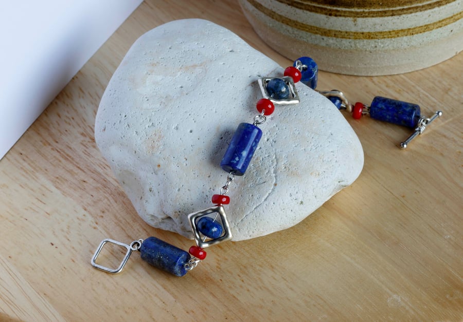 Blue Lapis Lazuli, Red Shell and Silver Handmade Beaded Bracelet