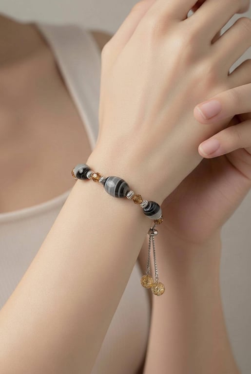 Banded Agate and Genuine Amber Slider Bracelet Sterling Silver Adjustable