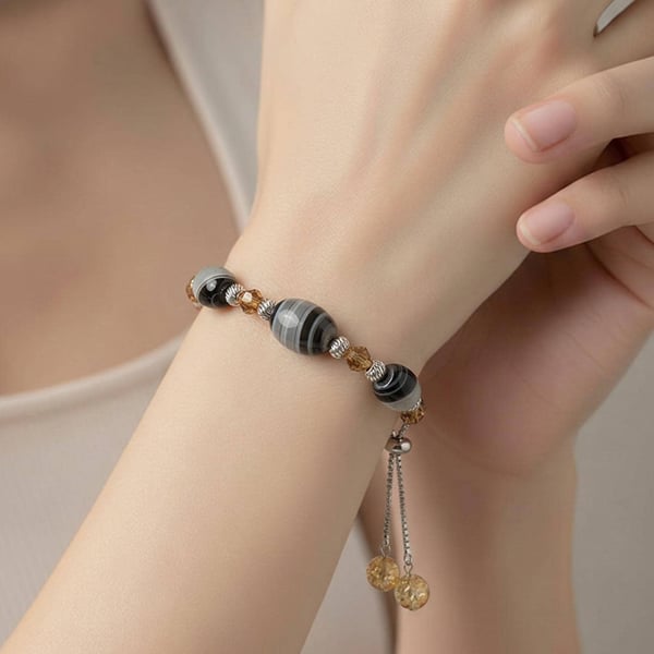 Banded Agate and Genuine Amber Slider Bracelet Sterling Silver Adjustable