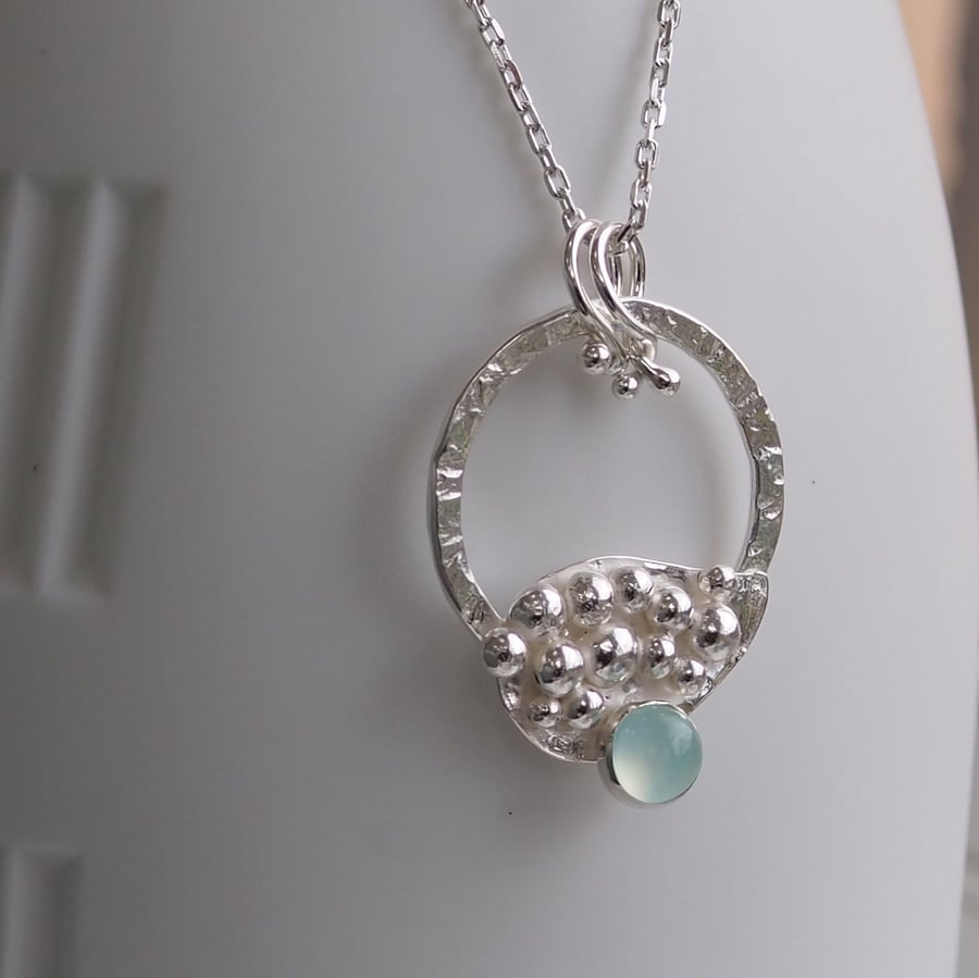 Fused sterling silver granulation pendant, chalcedony cabochon setting, handmade