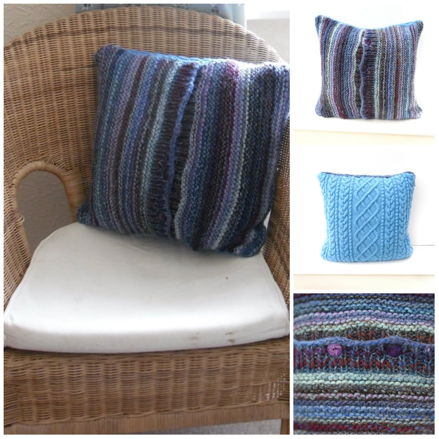 Cushion cover - Striped blue & Cable aran , REDUCED PRICE