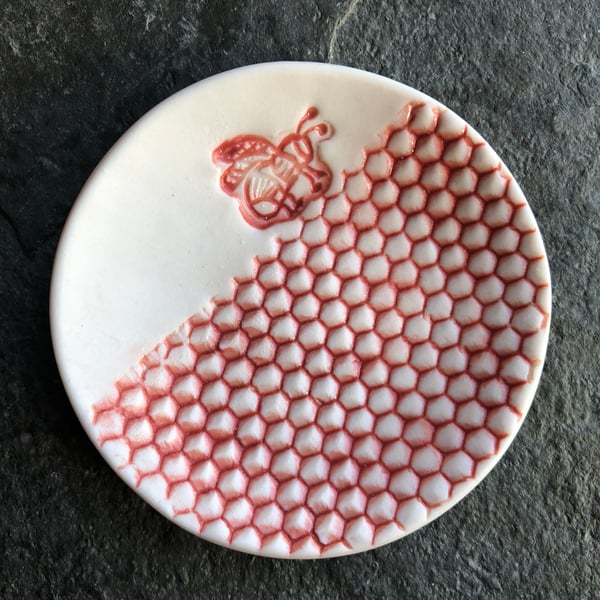 Porcelain bowl, dipping bowl honeycomb and bee red white The Porcelain Menagerie