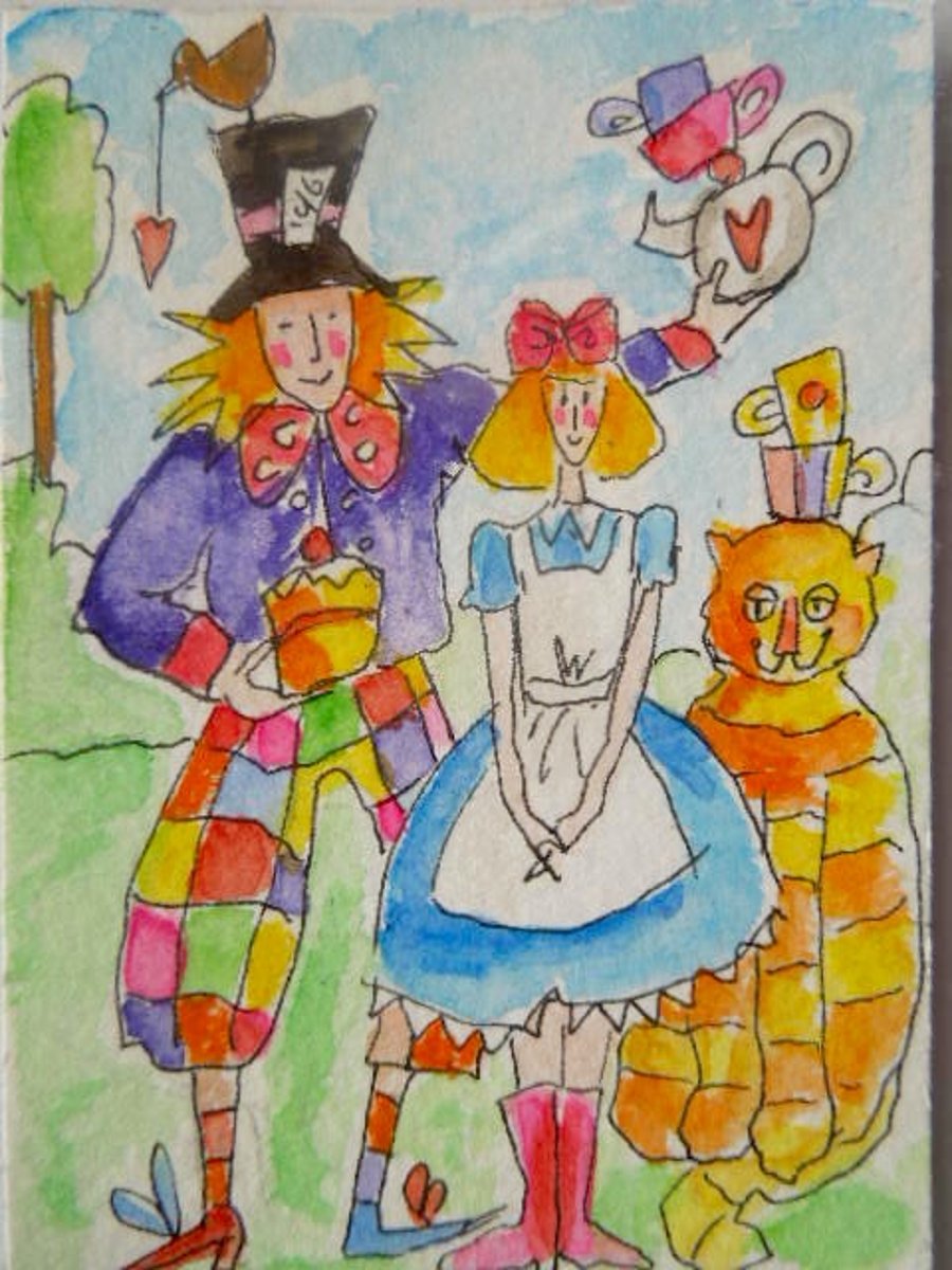 Original aceo collectable watercolour painting - We're all mad here'.
