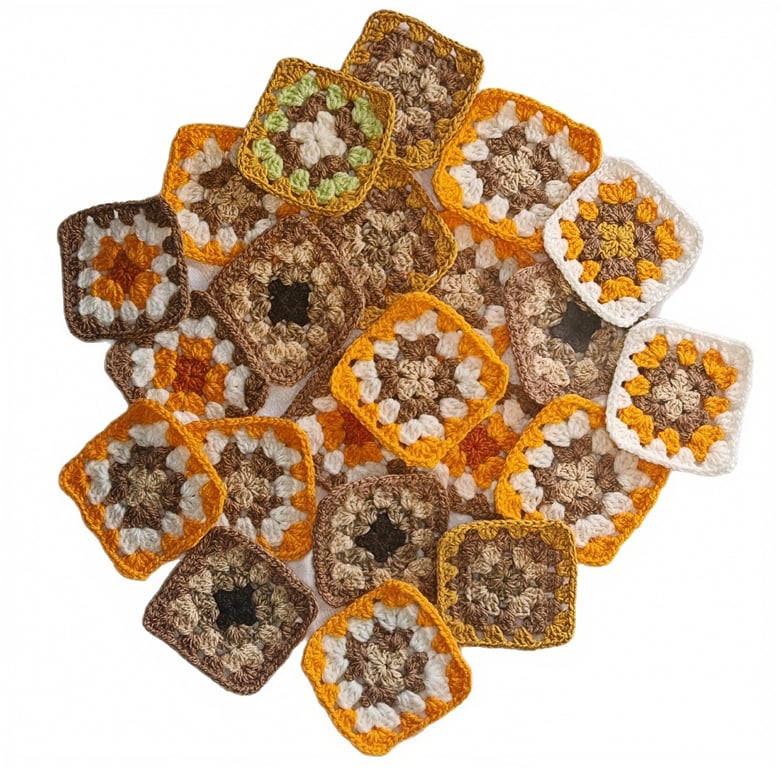 Handmade Crochet Granny Squares Autumn Ember Glow, Boho Patchwork Motifs