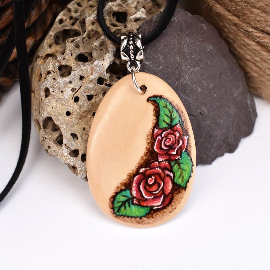 Red roses Pyrography Pendant. Wood teardrop necklace, Gardener.