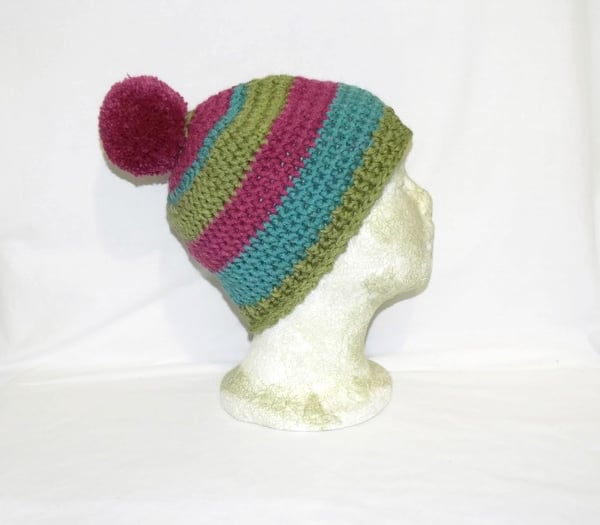 multi coloured ladies winter hat, crocheted woolly pom pom beanie