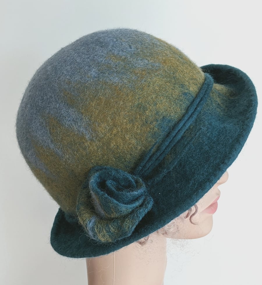 Teal brimmed felted wool bowler inspired hat