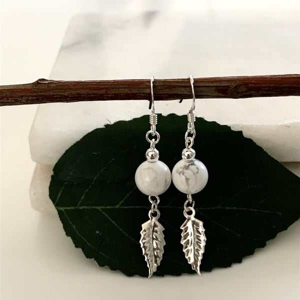 Howlite gemstone earrings with sterling silver ear wires and leaf charms