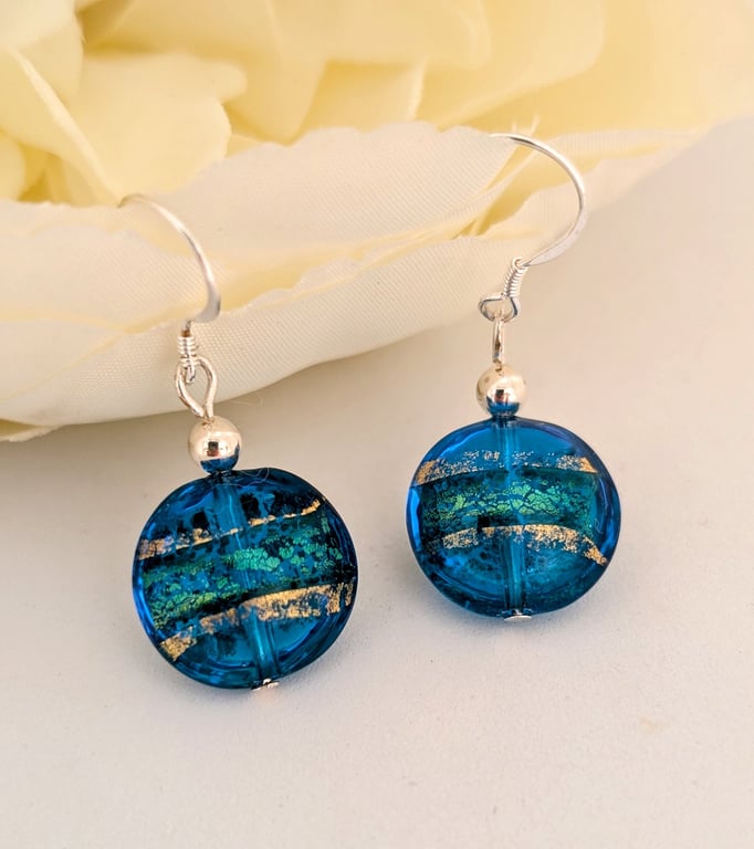 Sea Blue Green Murano Glass Earrings, 22kt Gold Foil, Sterling Silver Ear Wires