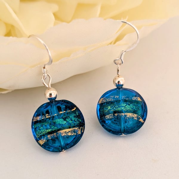 Sea Blue Green Murano Glass Earrings, 22kt Gold Foil, Sterling Silver Ear Wires