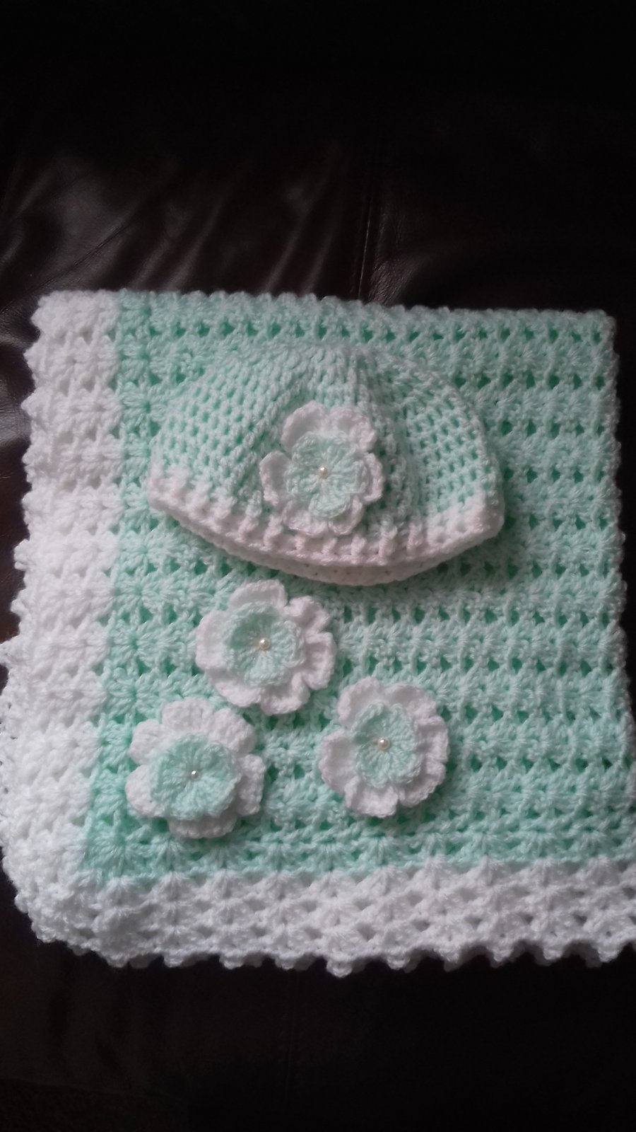 Crocheted baby hat and blanket pale mint and white with crocheted flowers gift 