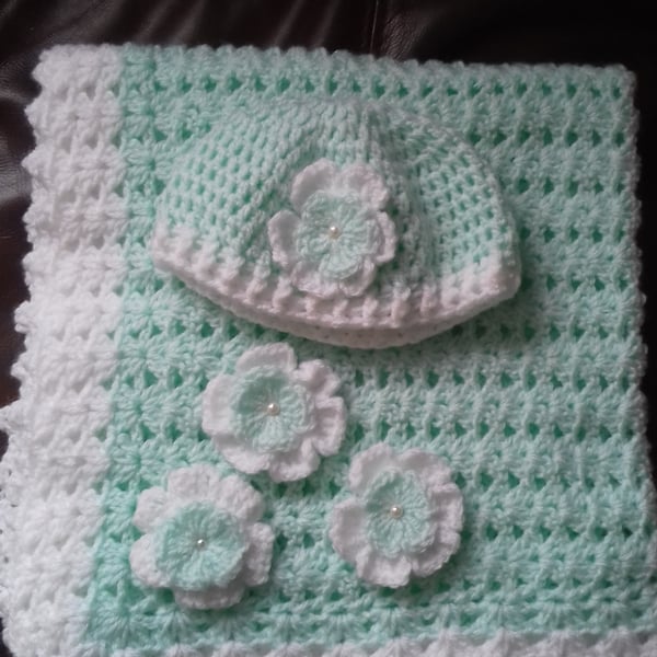 Crocheted baby hat and blanket pale mint and white with crocheted flowers gift 