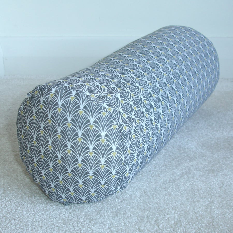 Art Deco Bolster Cushion COVER 16" Cylinder Grey Ochre 1920s Style