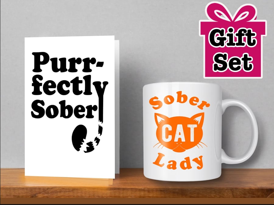 Sobriety Card and Mug - Sober Cat Lady Sobriety Gift, AA gift, Sober Card Sober 