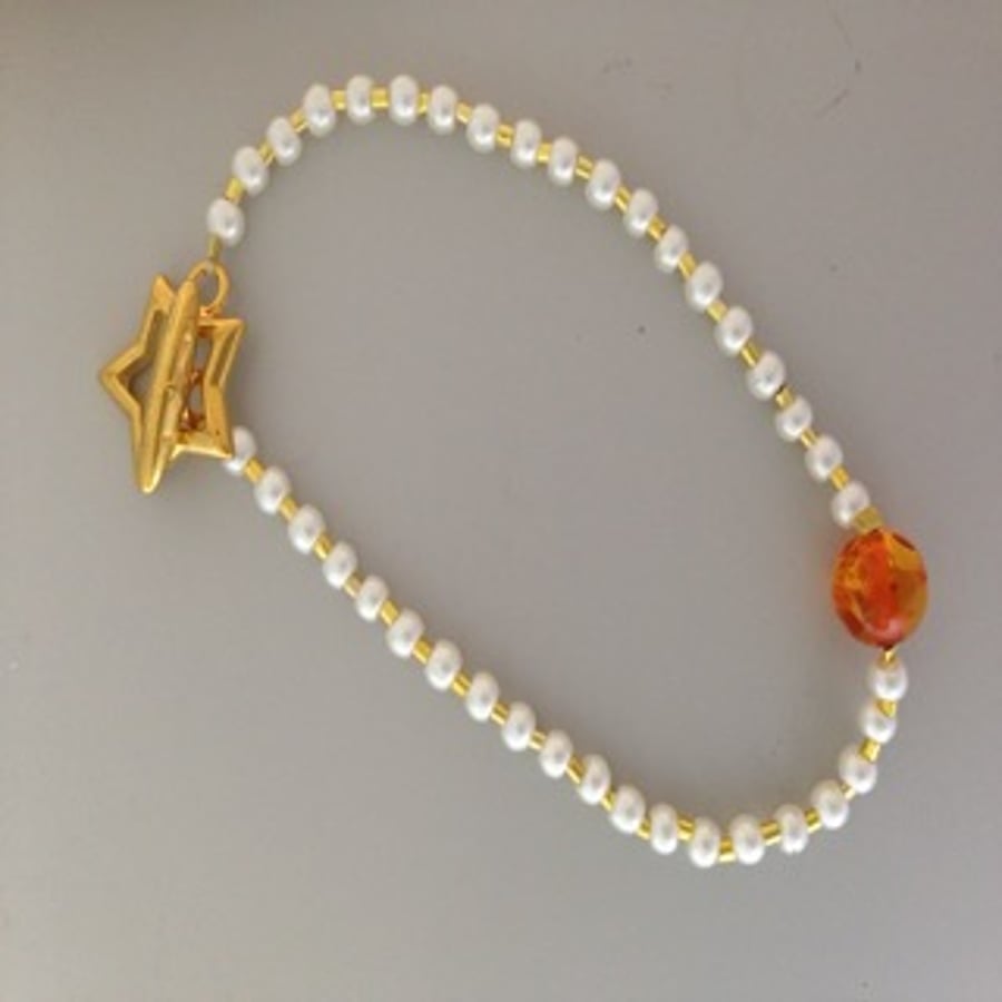 Pearl and amber stacker  bracelet