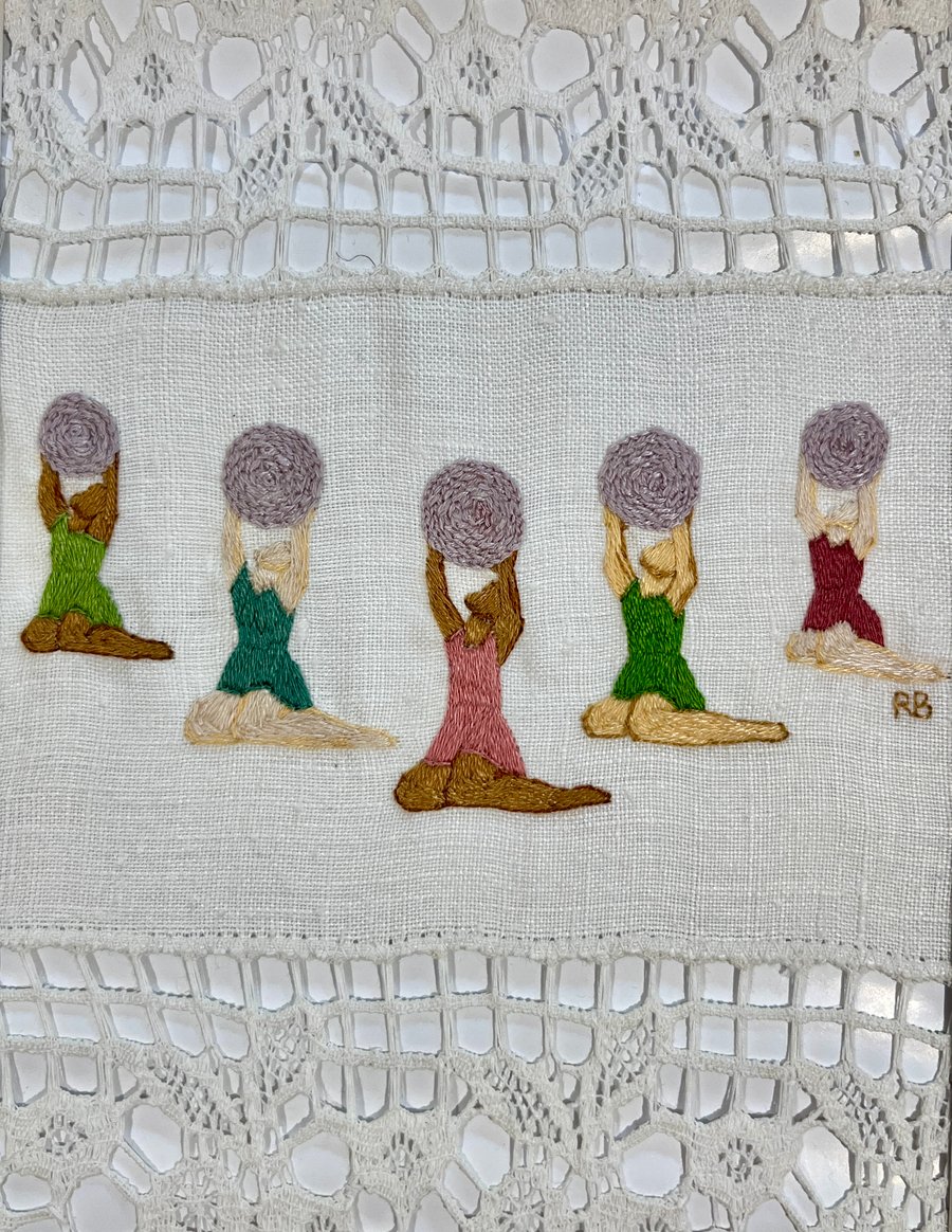 'Gathering' - Hand stitched embroidery art on vintage fabric