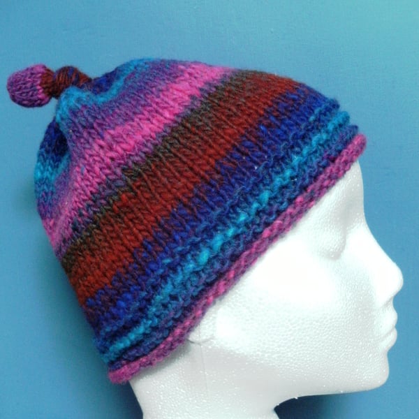 Handknit 100% WOOL NORO KNOTTY TOP BEANIE SMALL