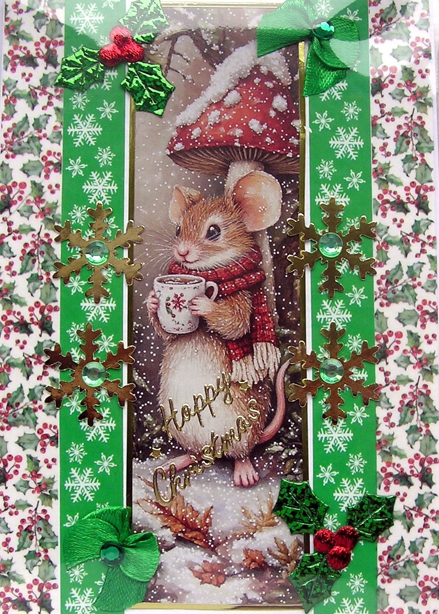 Hand Crafted Decoupage Chistmas Card - Happy Christmas (3239) Mouse & Toadstool