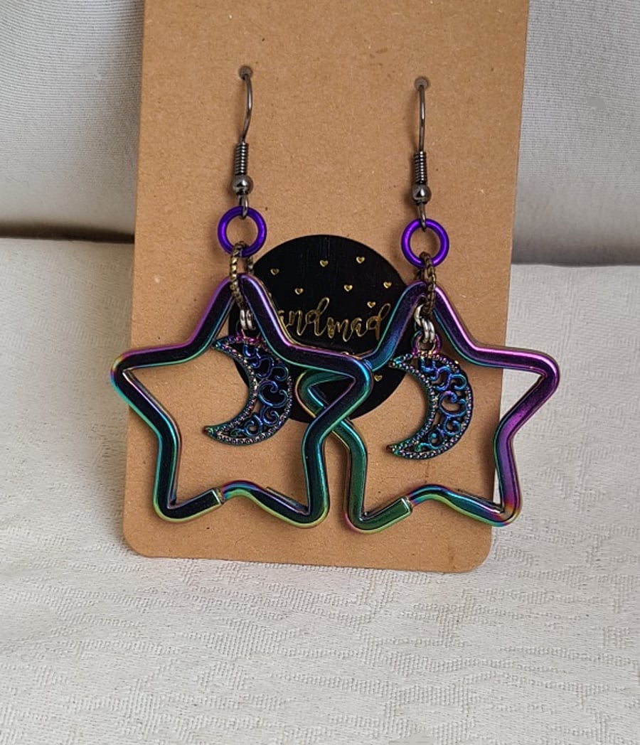 Gorgeous Rainbow Star with Crescent Moon Earrings - Gun Metal tone Ear Wires