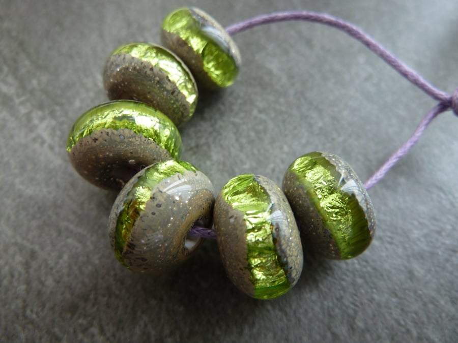 green sparkle wrapped lampwork glass beads