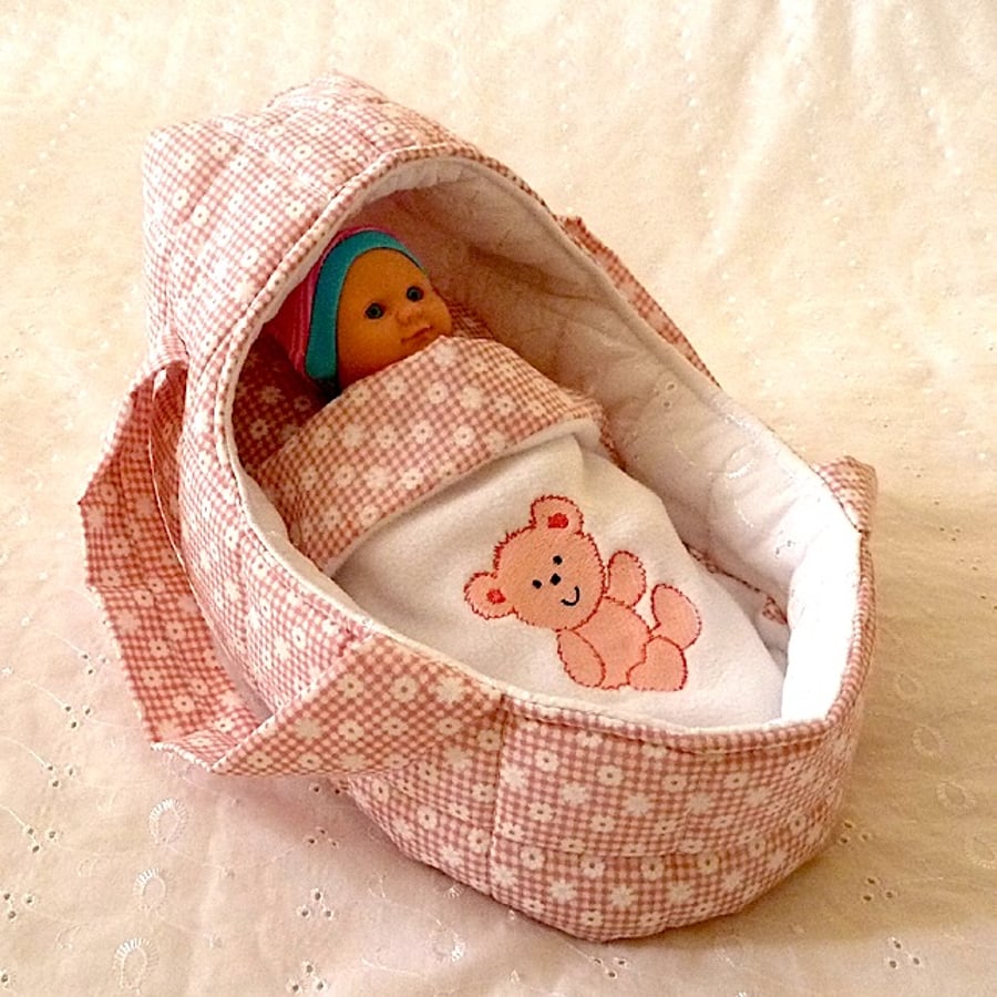 Small Pink  Doll's Carrycot with Free Doll