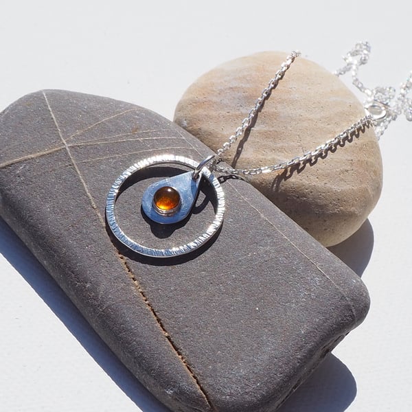 Silver Amber Necklace, Droplet Hoop Pendant Necklace, summer holiday jewellery