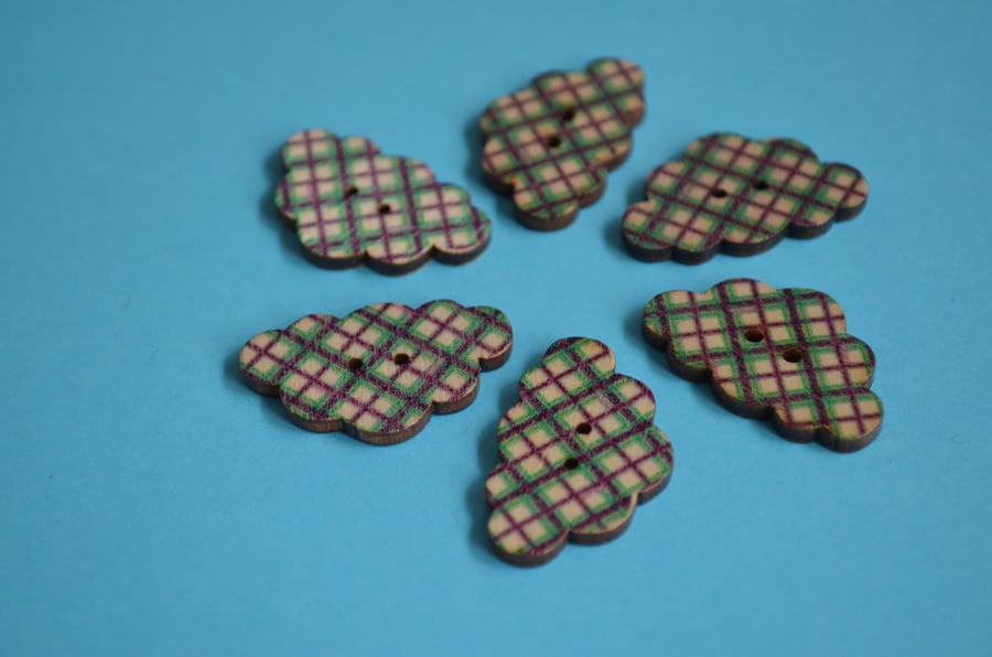 Wooden Cloud Buttons Green Purple Check 6pk 30x20mm (CD9)